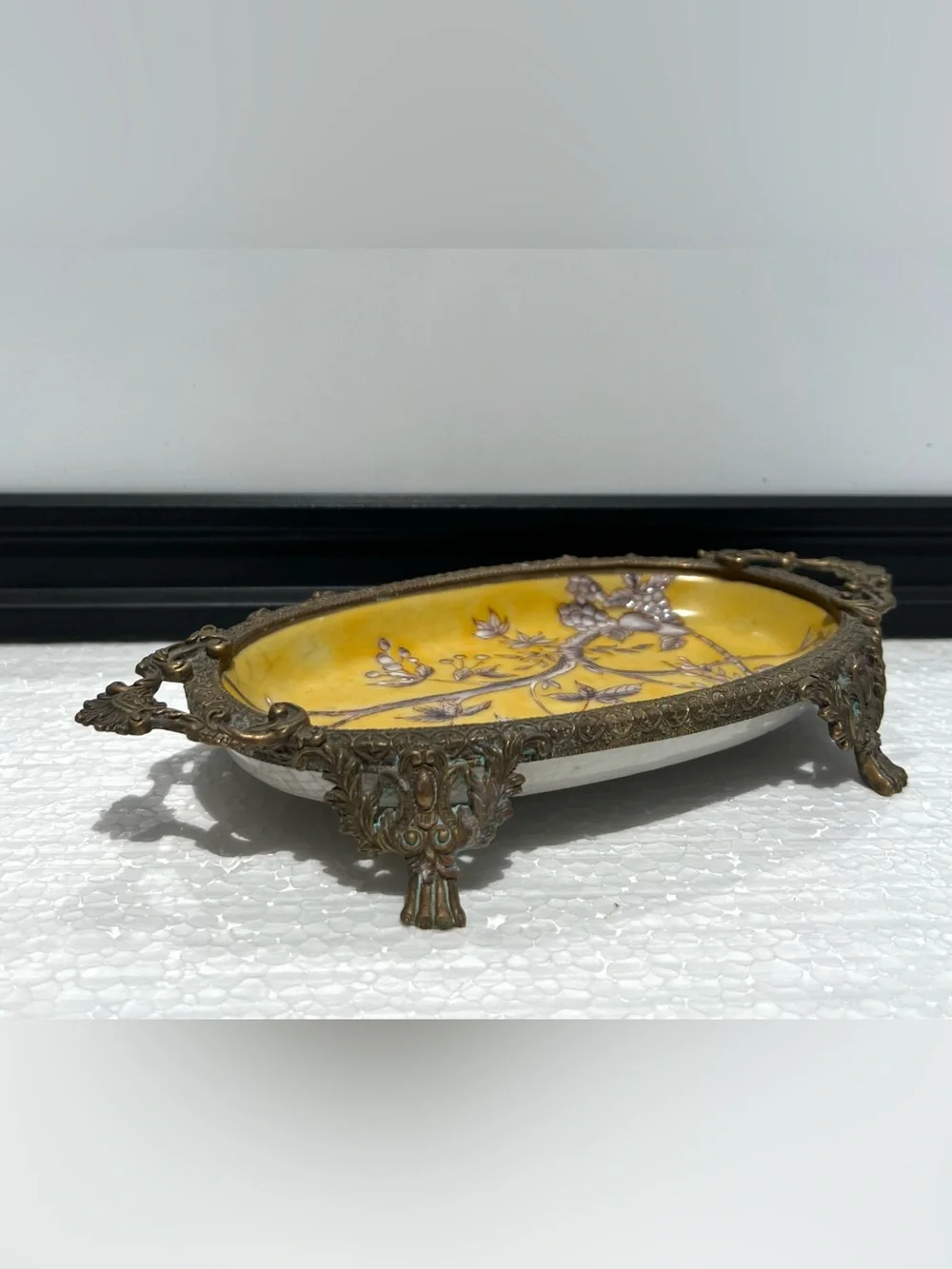 Vintage Chinese Antique Handpainted Porcelain Brass Trinket Soap Dish Tray